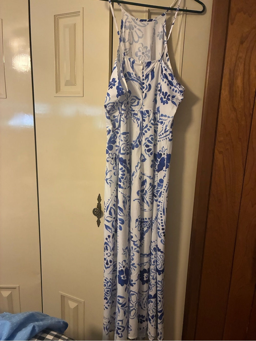SHEIN White and Blue Floral Halter Maxi Dress